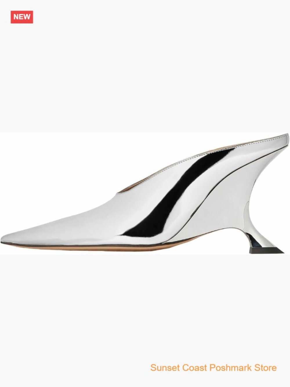 Metallic Pointed Toe Slip On Wedge Mule Heels V Cut Patent Leather